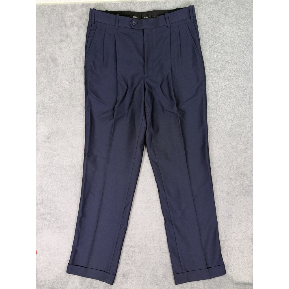 Irvine Park Dress Pants Mens 34x34 XL Blue Navy Straight Pleated Mid Rise Cuffed